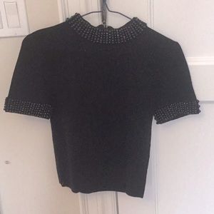 Alice + Olivia Black Beaded Crew Neck Sweater